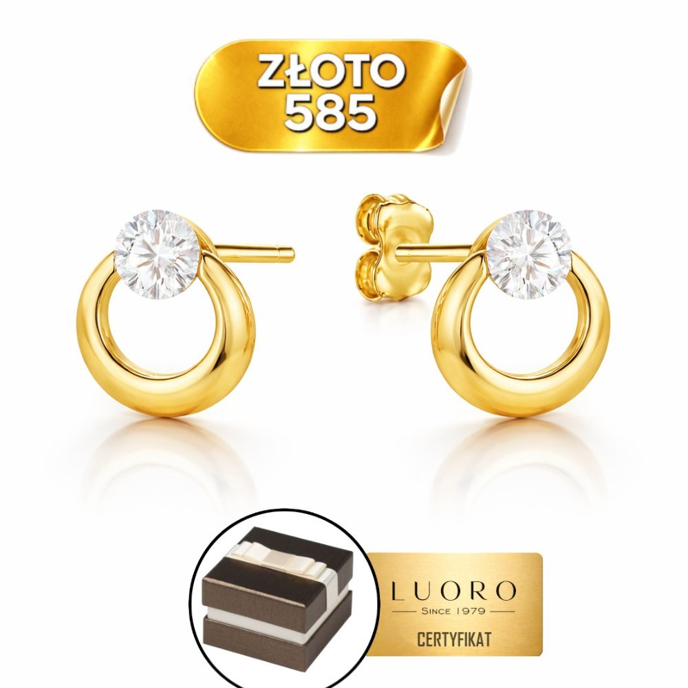 KOLCZYKI ZŁOTE 585 14K KÓŁKO CYRKONIA 7,5 MM SZTYFT ELEGANCKIE
