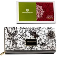 Portfele - PETERSON Szaro - biało - czarny modny duży portfel damski z lakierowanej skóry naturalnej rozbudowany i pojemny poziomy bilon na suwak pudełko preze.. - miniaturka - grafika 1