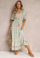 Sukienki - Miętowa Sukienka Maxi z Krótkim Rękawem i Gumką w Talii Emaya - Renee - miniaturka - grafika 1