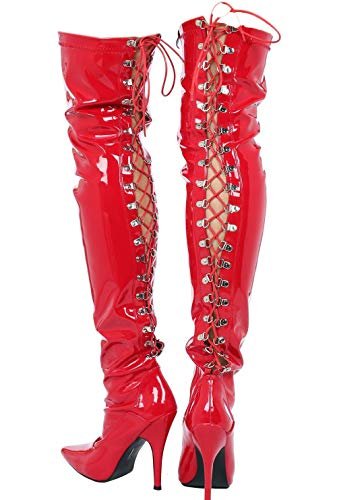 Damskie damskie seksowne uda wysokie perwersyjne za kolano szpilki pełne zapięcie sznurowane i boczny zamek buty rozmiar UK 4-12, Czerwony patent, 44 EU