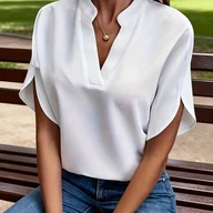 Koszule damskie - TEMU Wiosna Jesień Prosta Jednokolorowa Casual Koszula Dojazdów / V-Neck Luźny Bluzka Z Rękawami Nietoperza, Uniwersalny Styl - miniaturka - grafika 1