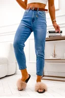Spodnie damskie - SPODNIE JEANSOWE MOM FIT Z PASKIEM I SERCEM Z TYŁU NOGAWKI - Olika - miniaturka - grafika 1