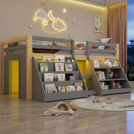 Łóżka dla dzieci i młodzieży - Łóżko dziecięce średniej wysokości 90 x 200 cm z półkami i barierką boczną - sosna + MDF + sklejka - LED - kolor naturalny + szary (bez materaca) - miniaturka - grafika 1