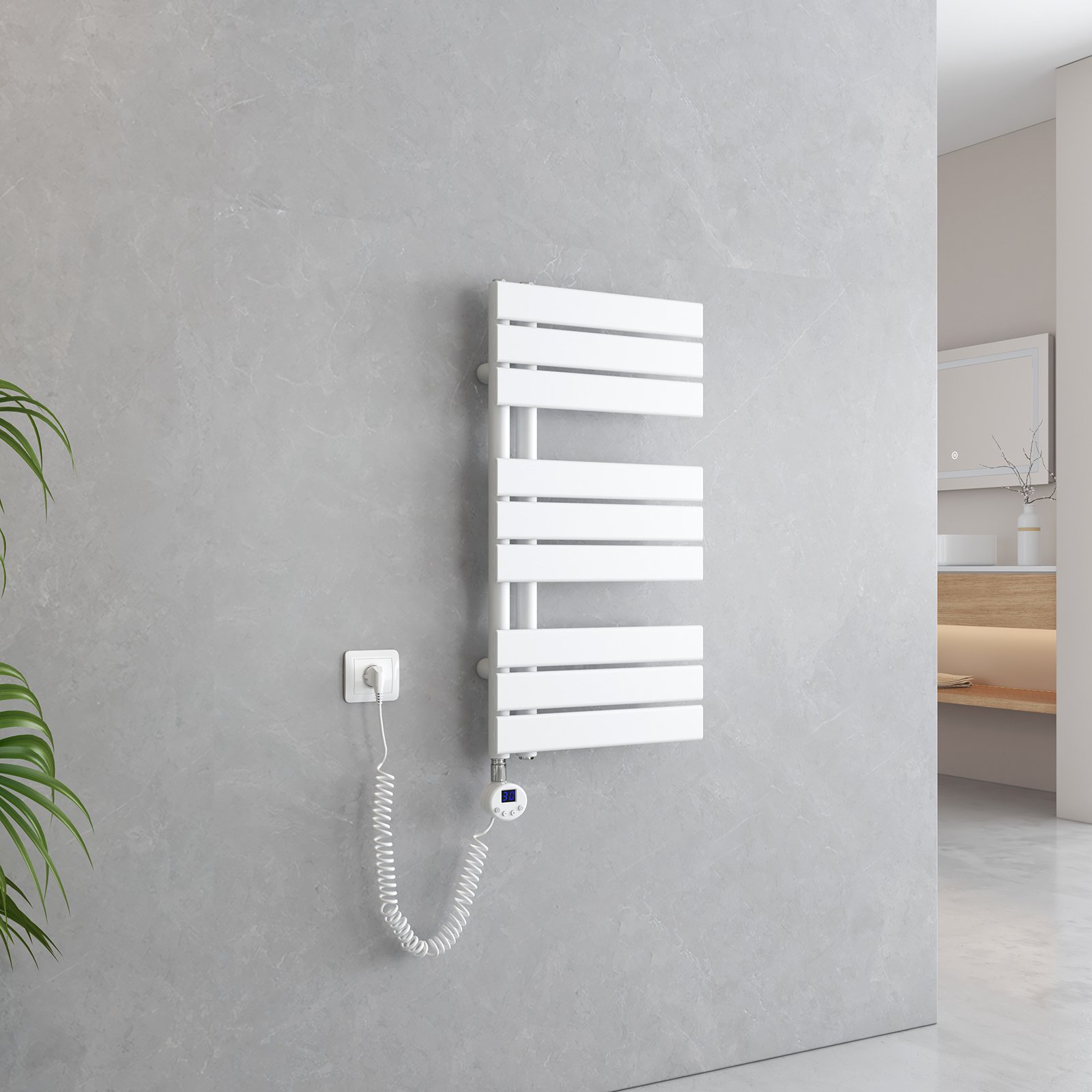 EMKE Suszarka do ręczników Elektryczny asymetryczny grzejnik łazienkowy z termostatem czasowym Podgrzewacz ręczników 762 x 400 mm Biały grzejnik łazienkowy z prętem grzewczym 400 W