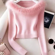 Swetry damskie - TEMU Damska Elegancka Bluzka w Stylu Francuskim z Odkrytymi Ramionami/ One-Neck z Kołnierzem z Sztucznego - Długi Rękaw, Jednokolorowa, na - miniaturka - grafika 1