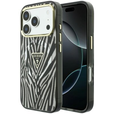 Etui GUESS IML Zebra Glitter Triangle Logo MagSafe do Apple iPhone 17 Pro Max/18 Pro Max Srebrny