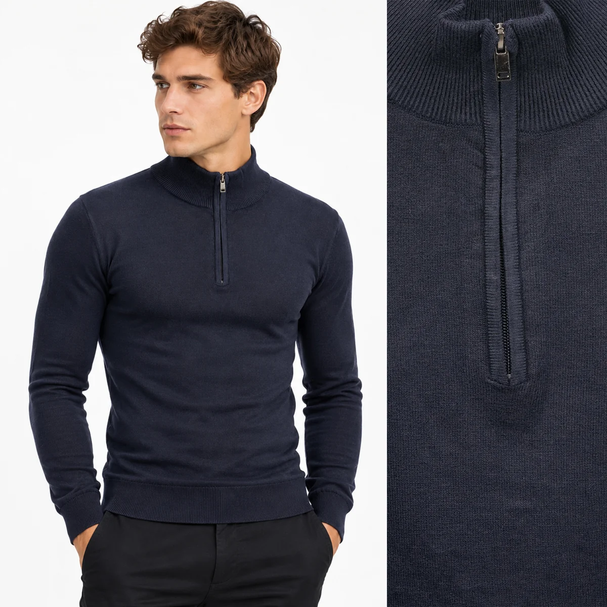 Sweter męski granatowy cienki z półzamkiem i półgolfem gładki casual LD-69050-3-D.K BLUE XL