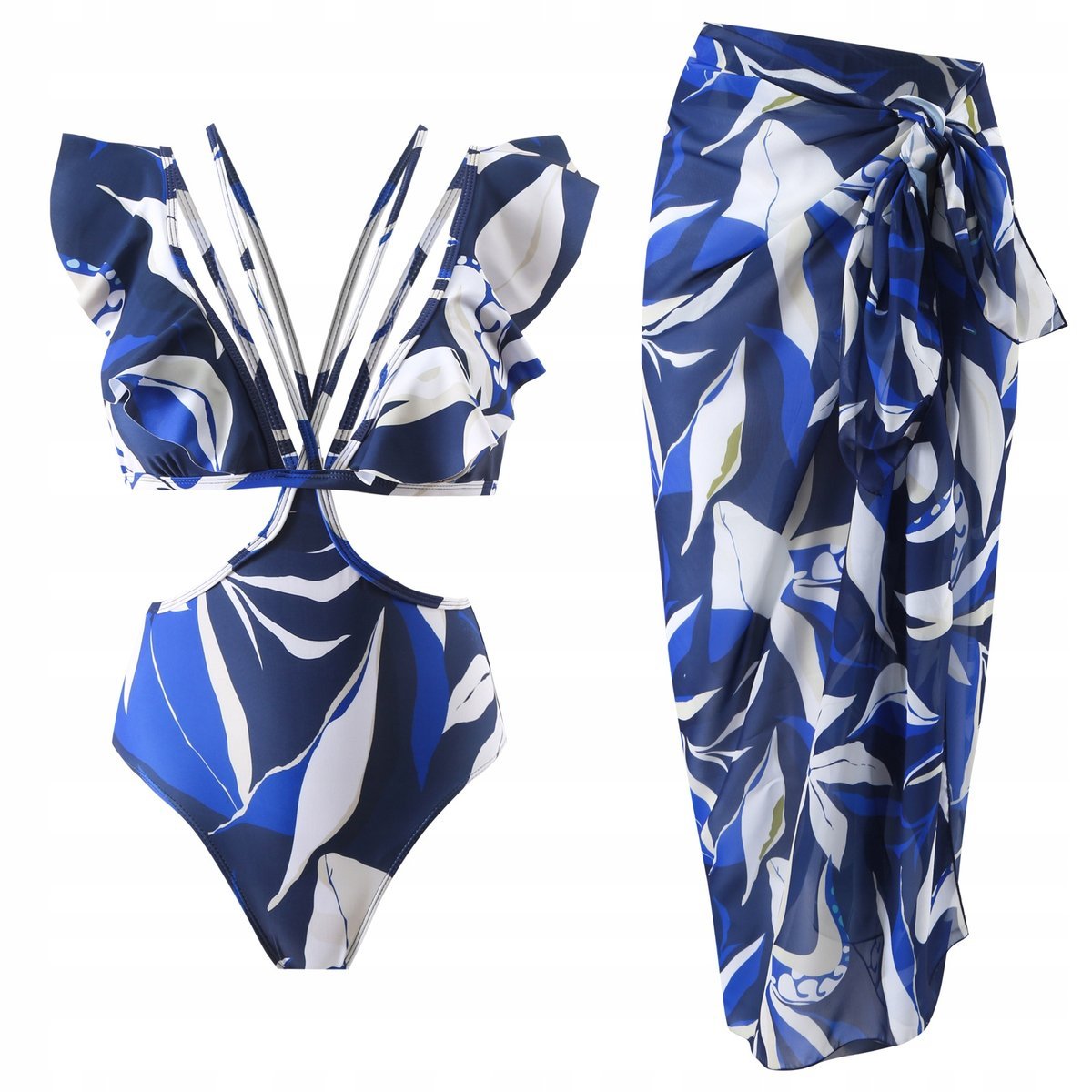 Jednoczęściowy Strój Kąpielowy Ze Spódnicą Niebieski Kobiecy Wakacje L