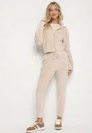 Spodnie sportowe damskie - Beżowy Welurowy Komplet Dresowy 2-Częściowy z Lampasami Bluza i Spodnie Atiriv - miniaturka - grafika 1