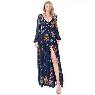 Sukienki - Maya Deluxe Damska sukienka maxi ze slit Long Sleeve Bishop V Neckline Floral Embellishment for Special Occasions Balowa sukienka, grantowy, 38 - grafika 1