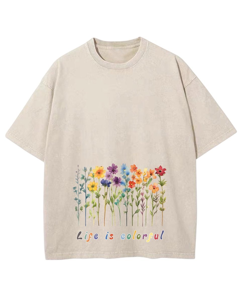 Męska koszulka oversize efekt sprania Kolorowe Kwiaty Wiosna Beżowa M