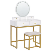 Toaletki - Toaletka 4 szuflady lustro LED ze stołkiem biało-złota AUXON - miniaturka - grafika 1