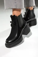 Botki damskie - Czarne botki skórzane lakierowane damskie na szerokim klocku z kokardą i kryształkami gumy po bokach Casu BC24X10-B-41 - miniaturka - grafika 1