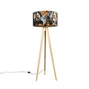 Lampy stojące - QAZQA Lampa podłogowa drewniana z abażurem z tkaniny kwiaty 50 cm - Tripod Classic - miniaturka - grafika 1