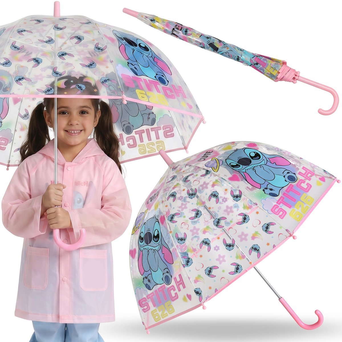 DISNEY Stitch Parasolka dziecięca NA ZATRZASK, SKŁADANY transparentny parasol MANUALNY 46cm