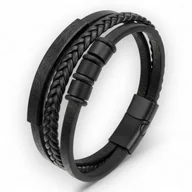 Bransolety męskie - Bransoletka męska skórzana czarna stal 316L magnetyczna 21cm - miniaturka - grafika 1