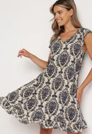 Sukienki - Granatowo-Beżowa Bawełniana Sukienka w Stylu Boho na Ramiączkach z Falbanką Zaelle - miniaturka - grafika 1