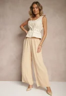 Spodnie damskie - Beżowe Szerokie Spodnie Typu Palazzo High Waist Araneira - miniaturka - grafika 1