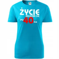Koszulki i topy damskie - Damska Koszulka z Nadrukiem Życie zaczyna się po 40 na Prezent Urodzinowy turkusowy S - miniaturka - grafika 1