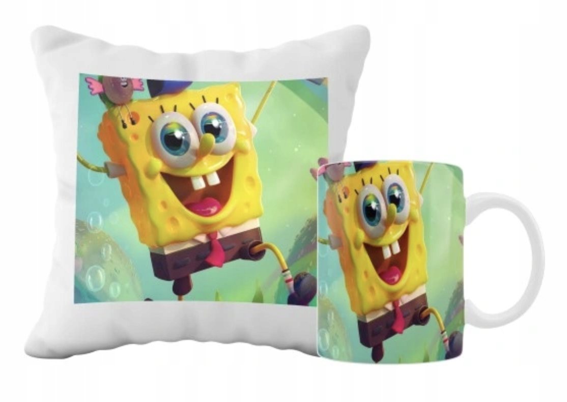ZESTAW PODUSZKA + KUBEK Prezent SPONGEBOB BAJKA GĄBKA + IMIĘ 18