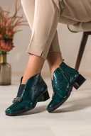 Botki damskie - Zielone botki skórzane damskie lakierowane wzór wężowy obcas klocek elastyczna guma na przodzie srebrna ozdoba PRODUKT POLSKI Casu 378-L - miniaturka - grafika 1