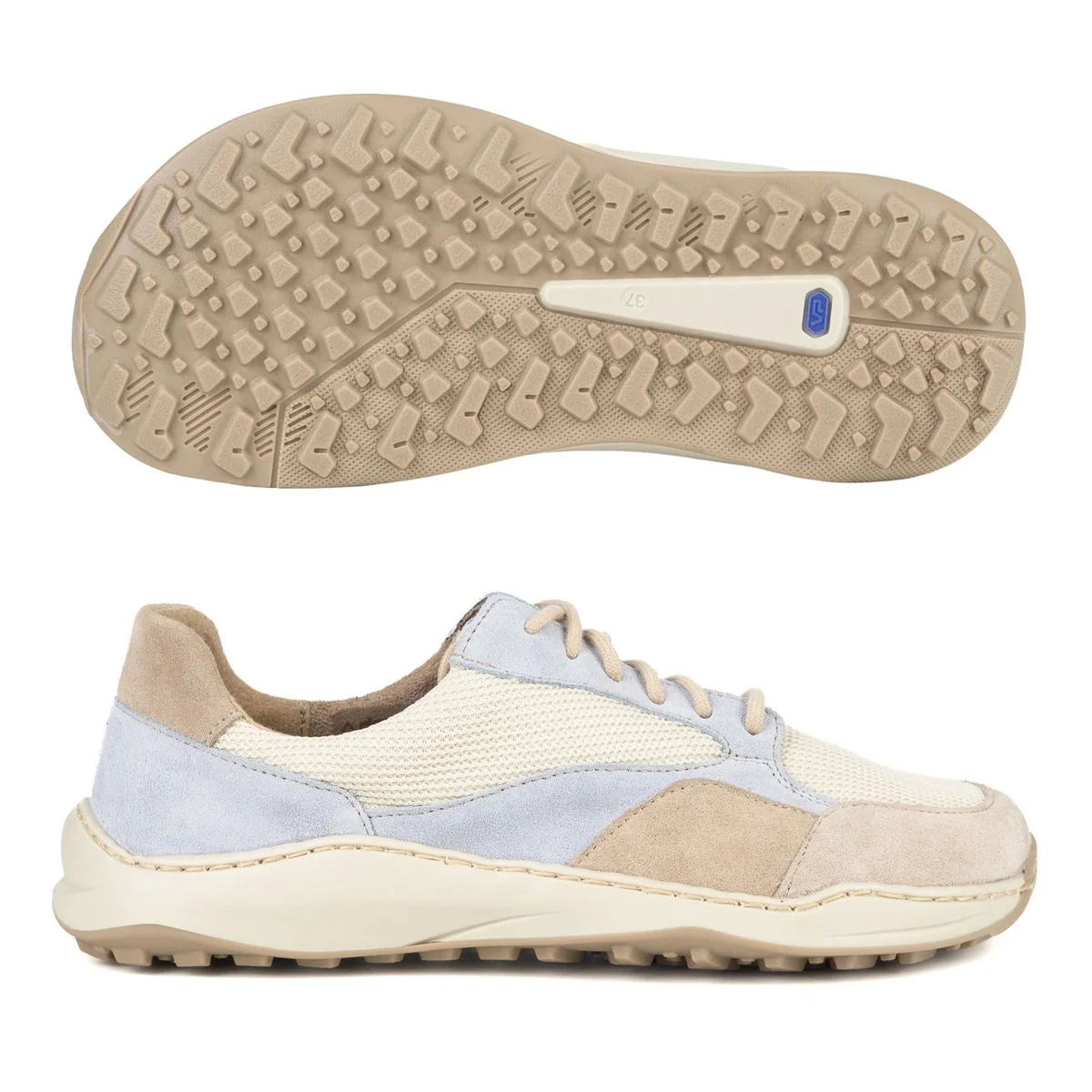 Buty barefoot damskie URBAN TRAIL SNEAKERS skórzane beż z niebieskim 40 obuwie minimalistyczne, naturalna wkładka, sznurowane, płaska podeszwa