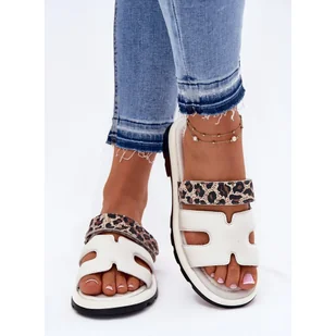 Skórzane Klapki Damskie Z Rzepem Panterka Vinceza 66769 Jasnobeżowe beżowy - Klapki i japonki damskie - miniaturka - grafika 1