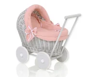 Domki dla lalek - Wiklinowy wózek dla lalek pchacz szary z pościelką i miękką wyściółką brudny róż - miniaturka - grafika 1