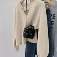 Swetry damskie - TEMU ELEGANTSUT Damski Retro Koreański Styl Zimowy Sweter - Miękka Bluzka z Guzikami i Okrągłym Dekoltem, Jednokolorowy Przytulny Kombinezon na - miniaturka - grafika 1