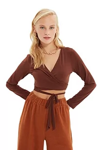 Trendyol Damska bluzka z dzianiny Slim Bodycon dwurzędowa, Brązowy, XL - Body - miniaturka - grafika 1