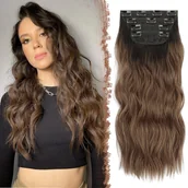 Ozdoby do włosów - FESHFEN Doczepy z klipsem 4 szt 50 cm z włókna syntetycznego Ombre brąz - miniaturka - grafika 1