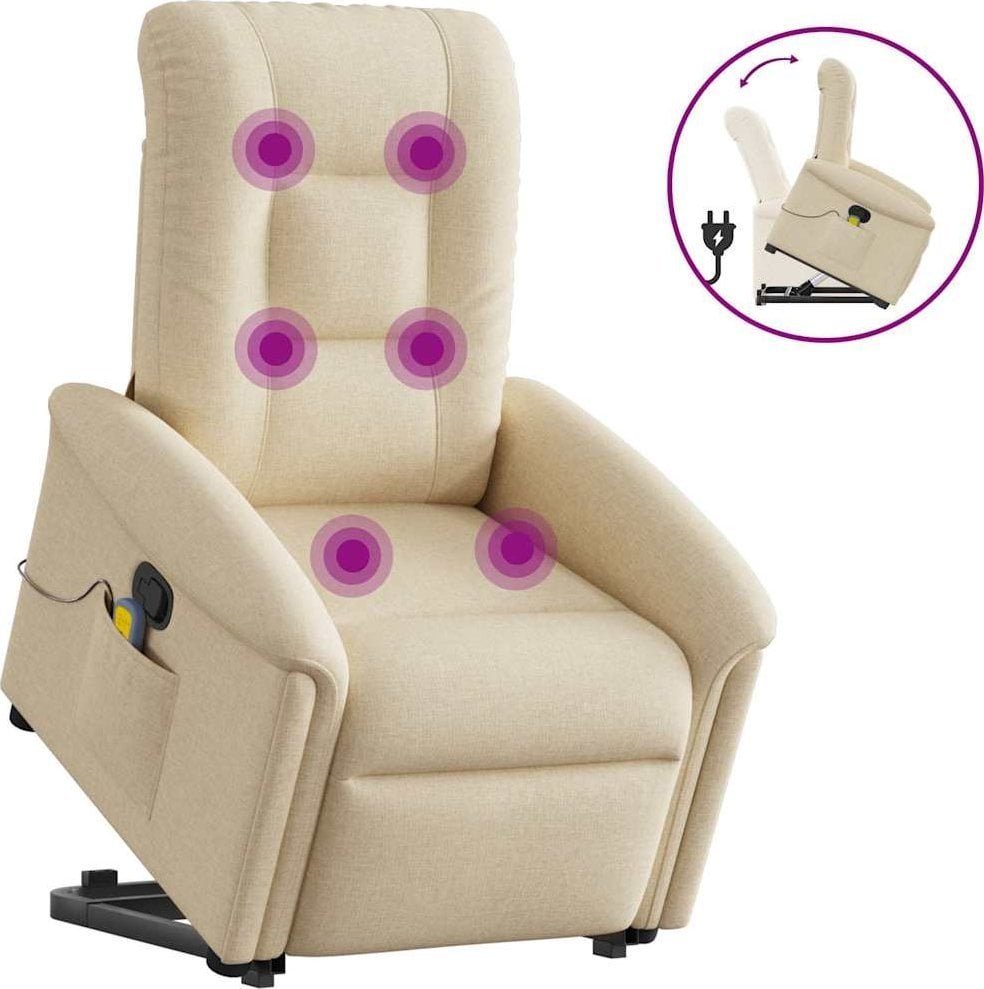 Podnoszony fotel masujący, rozkładany, kremowy, obity tkaniną