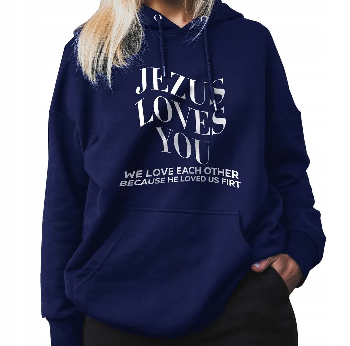GRANATOWA BLUZA DAMSKA Z Kapturem JEZUS LOVES YOU Zabawne Wzory Rozmiar L