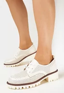 Półbuty damskie - Beżowe Półbuty na Podeszwie z Protektorem z Perforacją i Wkładką ze Skóry Naturalnej Chyanne - miniaturka - grafika 1