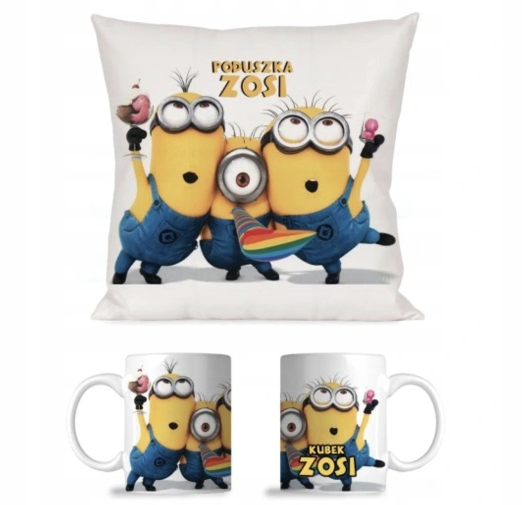 ZESTAW PODUSZKA + KUBEK Prezent MINIONKI BAJKA MINIONS + IMIĘ 8
