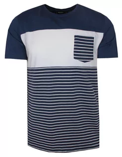Koszulki męskie - T-Shirt Granatowo-Biały w Paski, z Kieszonką, Męski, Koszulka, Krótki Rękaw, U-neck - Porthal - grafika 1