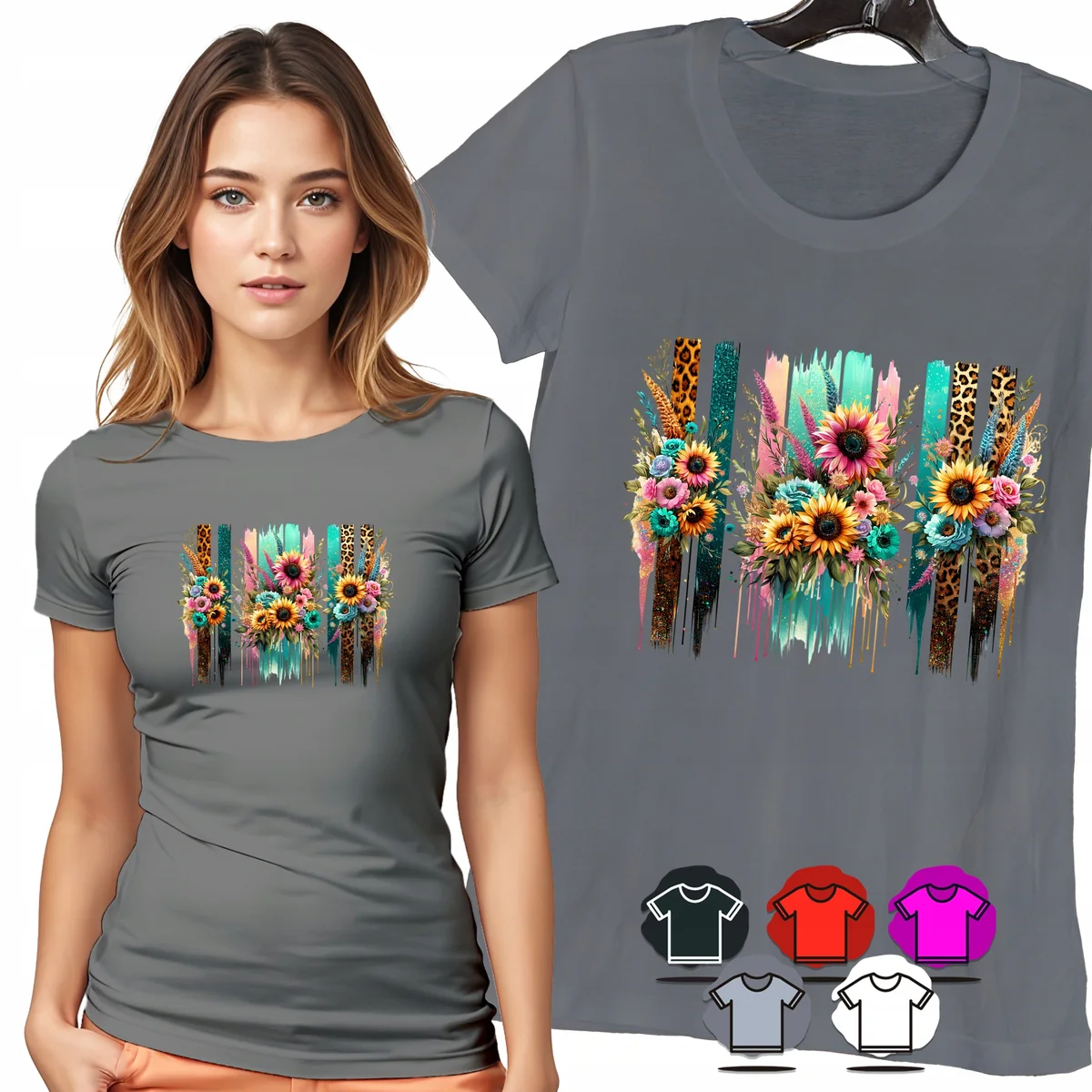 KOSZULKA DAMSKA T-SHIRT - SŁONECZNIKI PANTERKA PASKI DAMSKI WZÓR MODNY - 3X