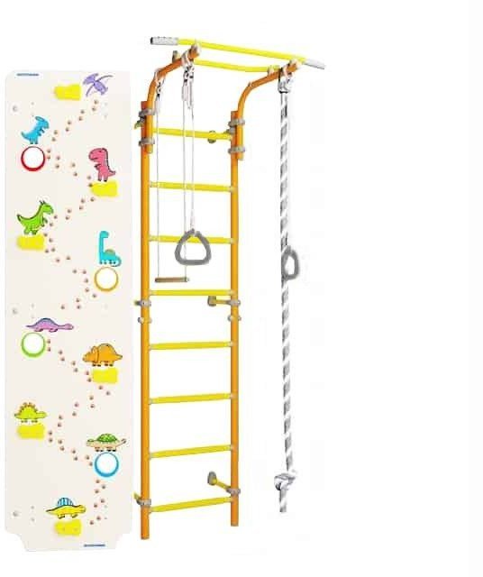 MAŁPISZON Drabinka gimnastyczna Next 1 pomarańczowa + ścianka Dino 225 cm + huśtawka