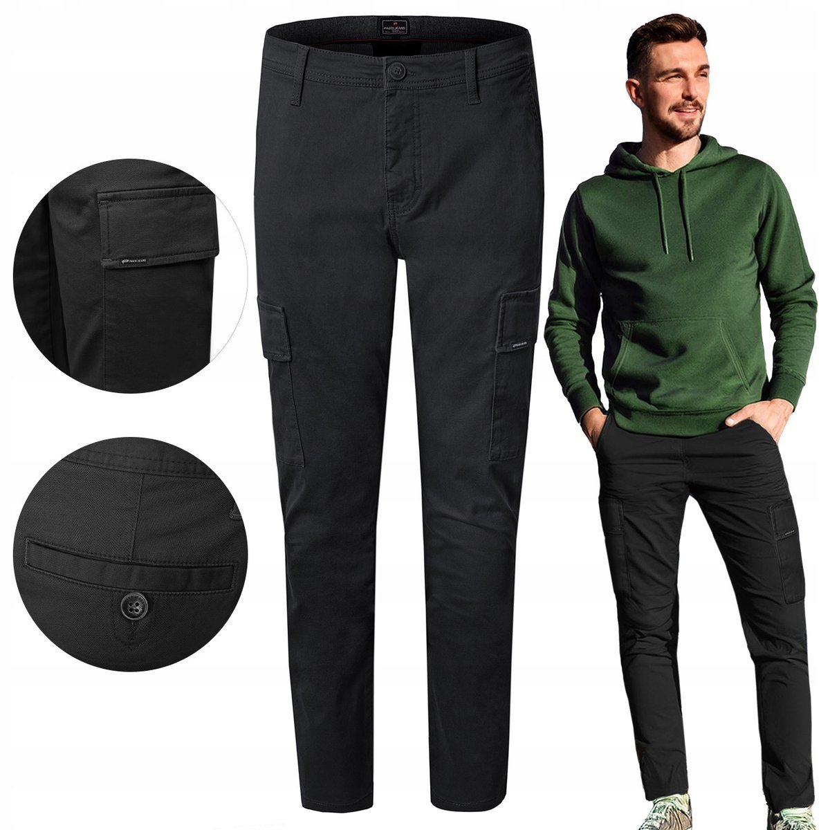 SPODNIE z Kieszeniami CARGO Męskie CZARNE Slim Fit W36/L32 Pako Jeans