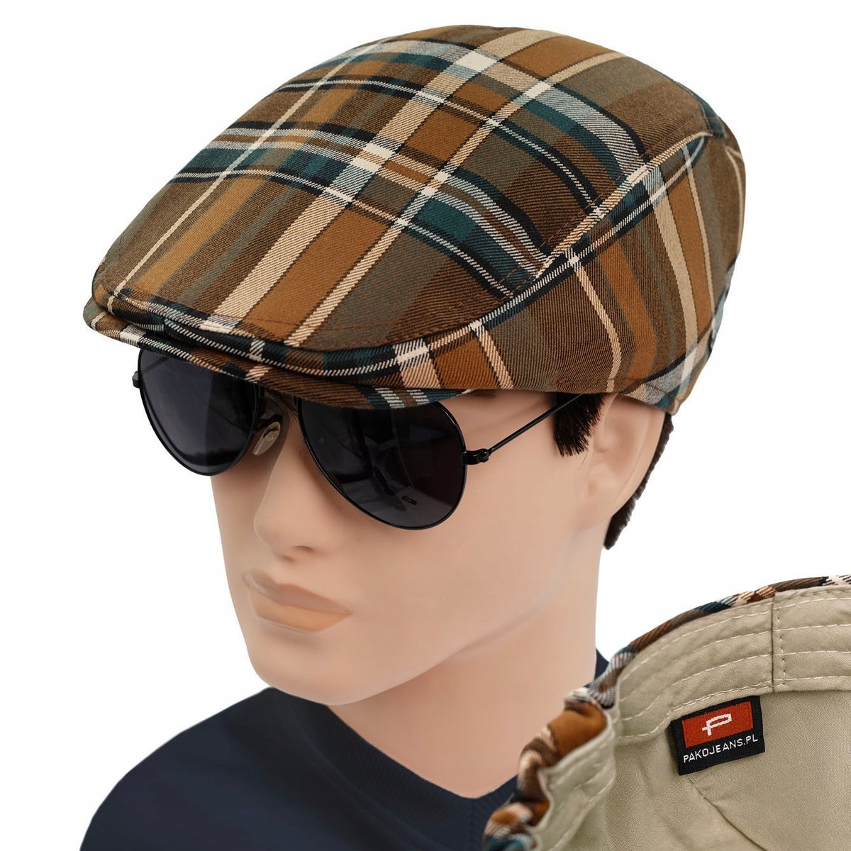 KASZKIET Męski Czapka PREMIUM Szkocka Krata Bawełniany BRĄZOWY Pako Jeans