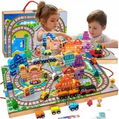 Klocki - DREWNIANA KOLEJKA Drewniane klocki MIASTO w walizce POCIĄG na baterie TORY - miniaturka - grafika 1