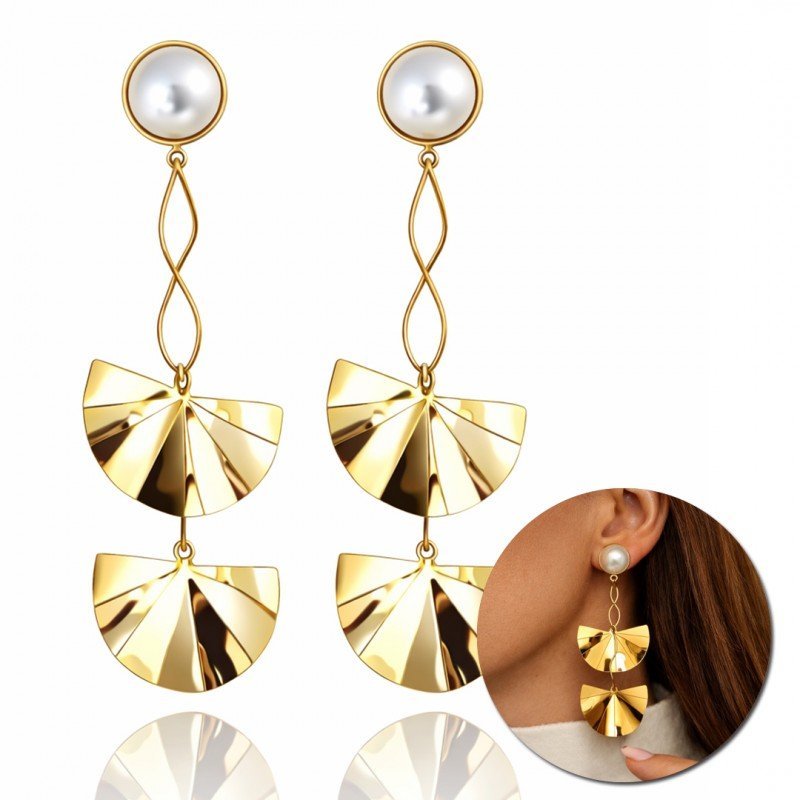 Kolczyki Ze Stali Szlachetnej Pozłacane 14K Złotem Perły Efektowne Wiszące