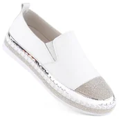 Półbuty damskie - S.Barski Skórzane półbuty damskie wsuwane z cyrkoniami białe D&A LR370 - miniaturka - grafika 1