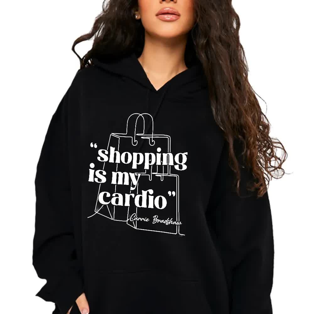 Bluza Czarna Damska z Kapturem SHOPPING IS MY CARDIO Dla Fanek Wzory - L
