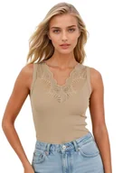 Koszulki i topy damskie - Koszulka damska na szerokich ramiączkach z koronką Marcela cappuccino XL - miniaturka - grafika 1