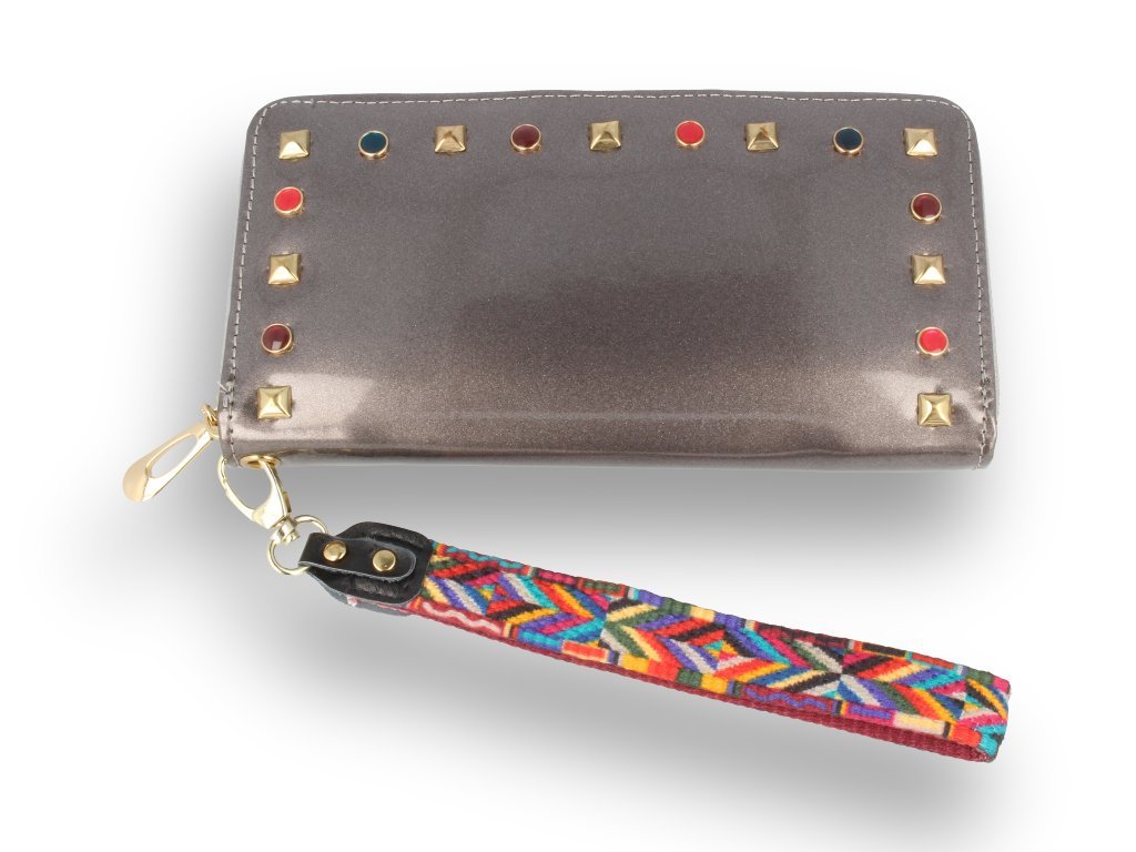 Portfel damski lakierowany grafitowy z paskiem azteckim