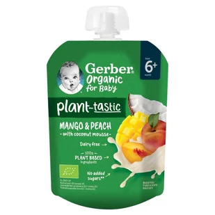 Gerber Organic Plant-tastic Deserek mango i brzoskwinia z musem kokosowym po 6 miesiącu 80 g - Przekąski dla dzieci - miniaturka - grafika 1