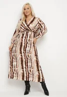 Sukienki - Beżowo-Brązowa Kopertowa Sukienka z Wiskozą i Paskiem w Talii Noranea - miniaturka - grafika 1
