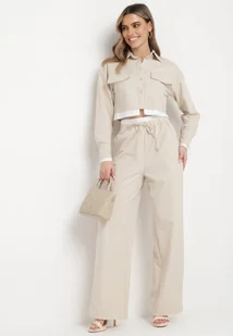 Beżowy Komplet w Stylu Utility Krótka Koszula i Szerokie Spodnie z Gumką w Pasie Lysianne - Komplety damskie - miniaturka - grafika 1