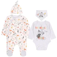 Czapki damskie - Szaro-biały komplet pajacyk, body, śliniak, czapka Królik Bugs DISNEY OEKO-TEX 3-6 m 68 cm - miniaturka - grafika 1